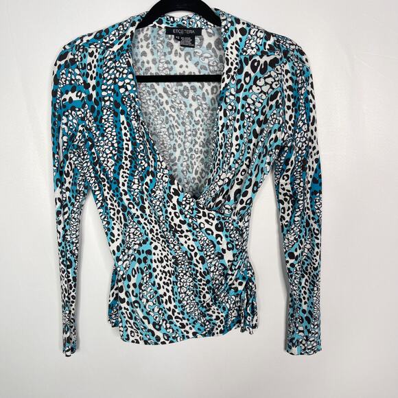 Etcetera XSmall XS Blue White Brown Leopard Print Wrap Long Sleeve Top Stretch - Picture 1 of 7